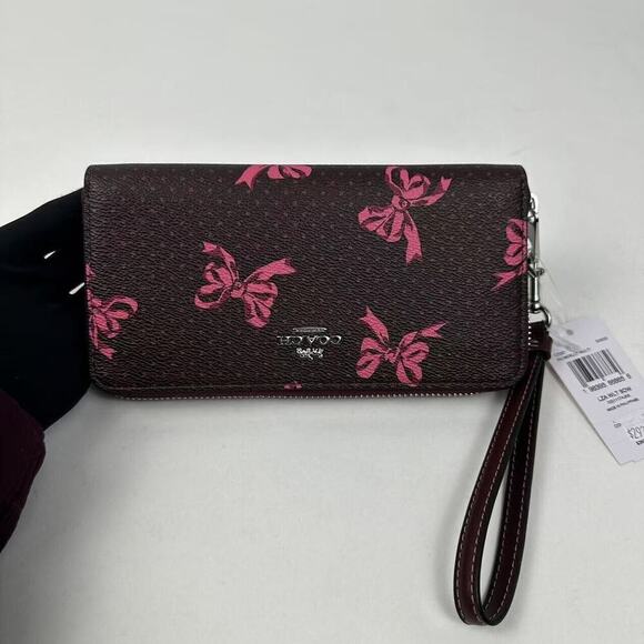 Coach Long Zip Around Wallet Signature Canvas Bow Print Silver/Merlot CZ327 - Picture 2 of 10